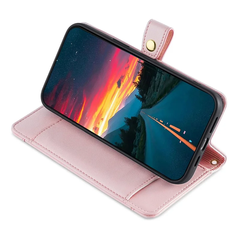 For Oppo A17 4G Case Zipper Pocket Leather Mobile Phone Drop-proof Cover with 2 Straps - Pink