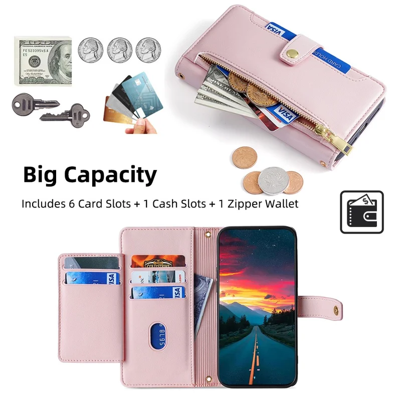 For Oppo A17 4G Case Zipper Pocket Leather Mobile Phone Drop-proof Cover with 2 Straps - Pink