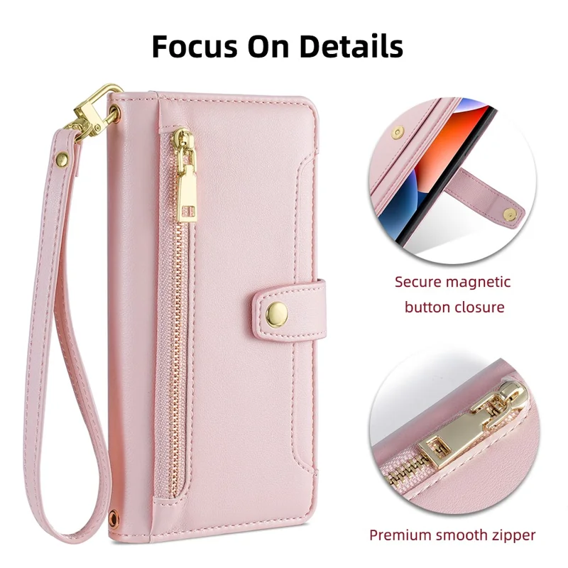 For Oppo A17 4G Case Zipper Pocket Leather Mobile Phone Drop-proof Cover with 2 Straps - Pink