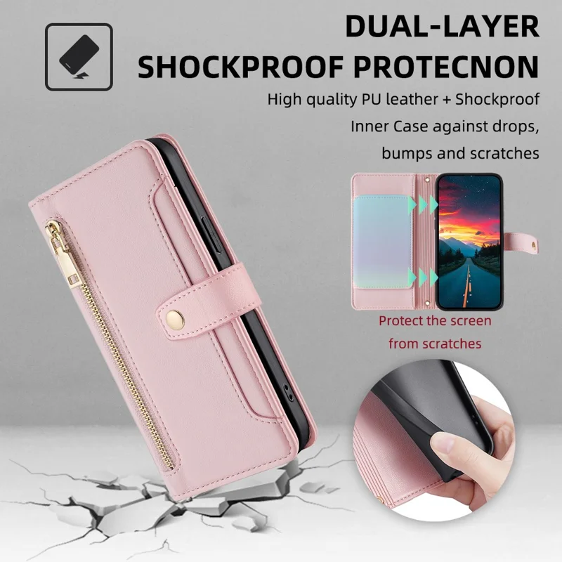 For Oppo A17 4G Case Zipper Pocket Leather Mobile Phone Drop-proof Cover with 2 Straps - Pink