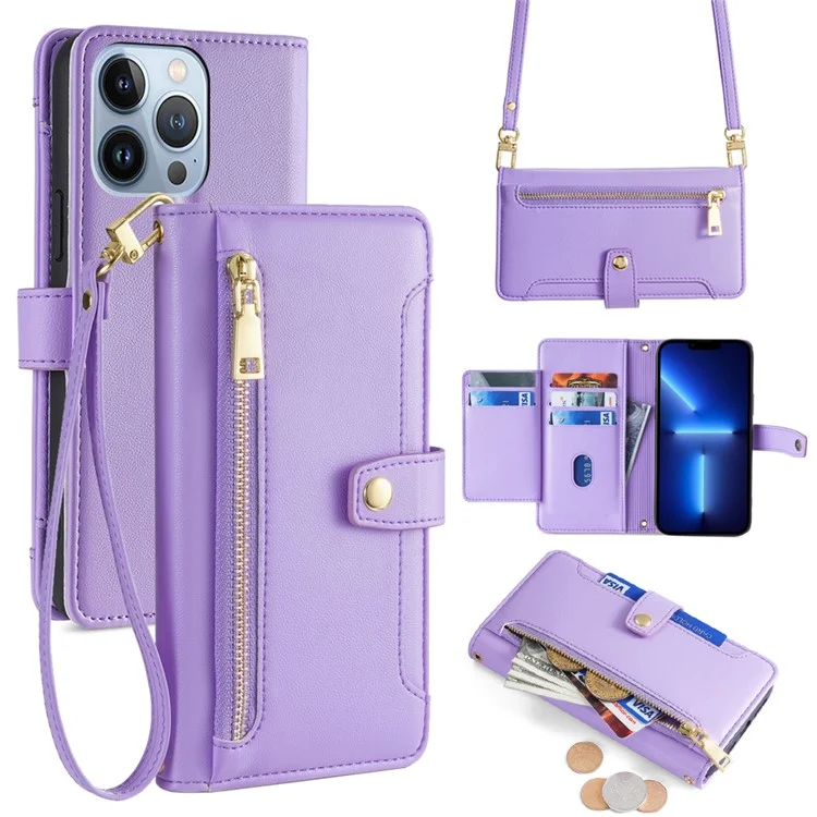 For iPhone 13 Pro 6.1 inch Cell Phone Case Zipper Pocket Wallet Anti-fall Leather Cover with 2 Straps - Purple