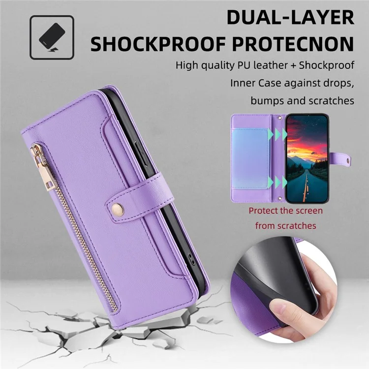 For iPhone 13 Pro 6.1 inch Cell Phone Case Zipper Pocket Wallet Anti-fall Leather Cover with 2 Straps - Purple