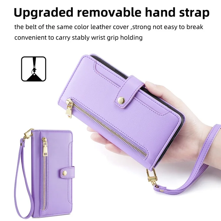 For iPhone 13 Pro 6.1 inch Cell Phone Case Zipper Pocket Wallet Anti-fall Leather Cover with 2 Straps - Purple