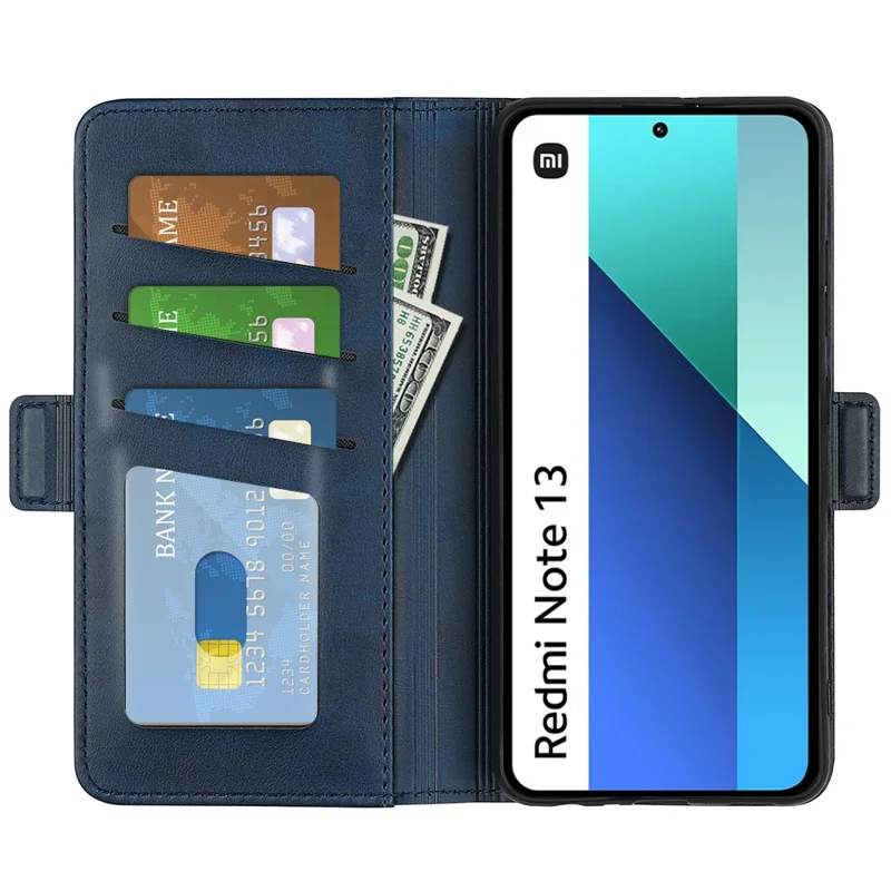 For Xiaomi Redmi Note 13 4G Cell Phone Case Dual Magnetic Clasp Leather Protective Cover - Blue