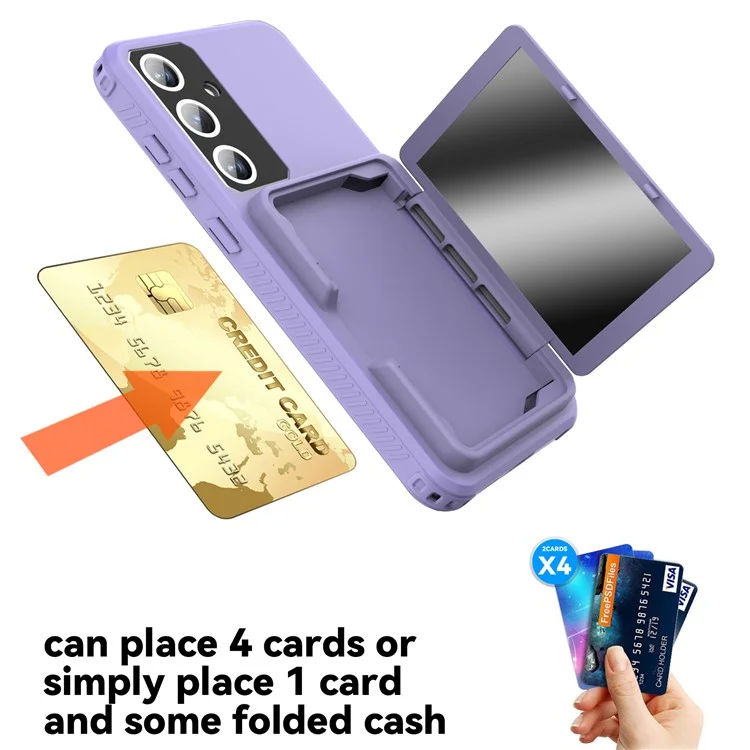 For Samsung Galaxy S24+ Case Drop-proof Makeup Mirror Phone Back Cover with Card Holder - Light Purple