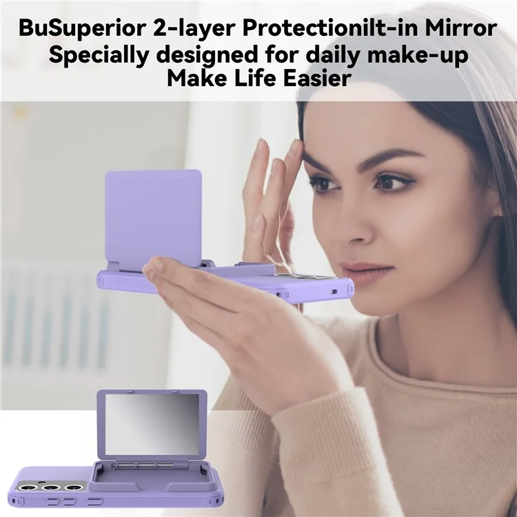 For Samsung Galaxy S24+ Case Drop-proof Makeup Mirror Phone Back Cover with Card Holder - Light Purple