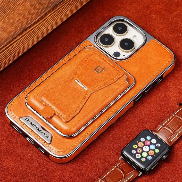 Capa RMBMAX para iPhone 14 Pro, TPU+Couro, Suporte Magnético para Cartão - Laranja