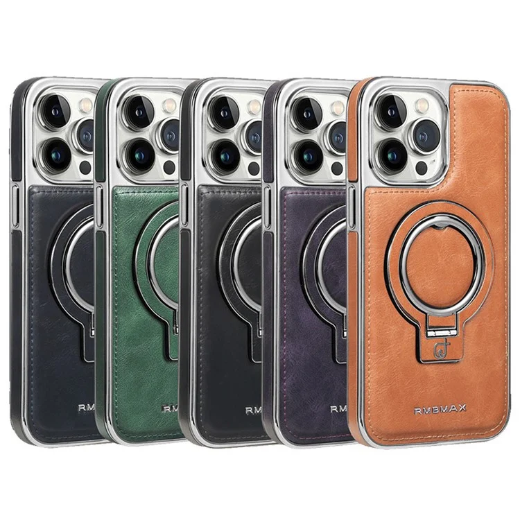 RMBMAX Shockproof Case for iPhone 15 Pro Max Electroplating Kickstand Magnetic Phone Shell - Brown