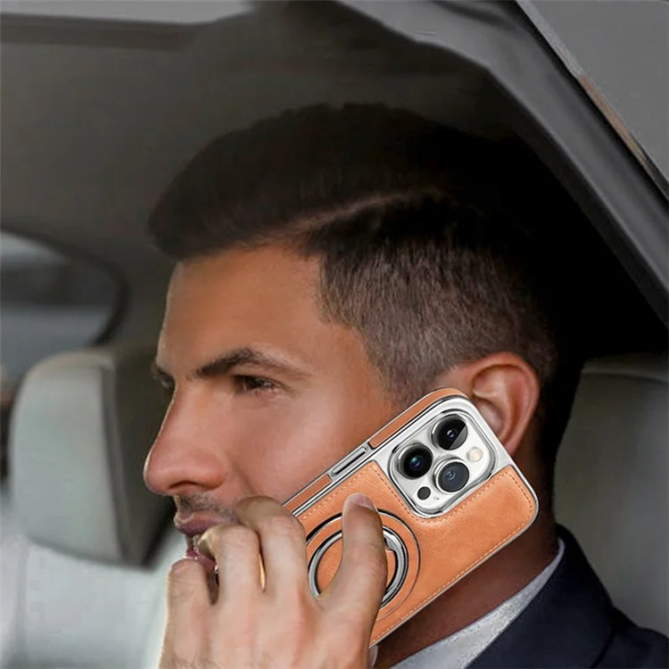 RMBMAX Shockproof Case for iPhone 15 Pro Max Electroplating Kickstand Magnetic Phone Shell - Brown