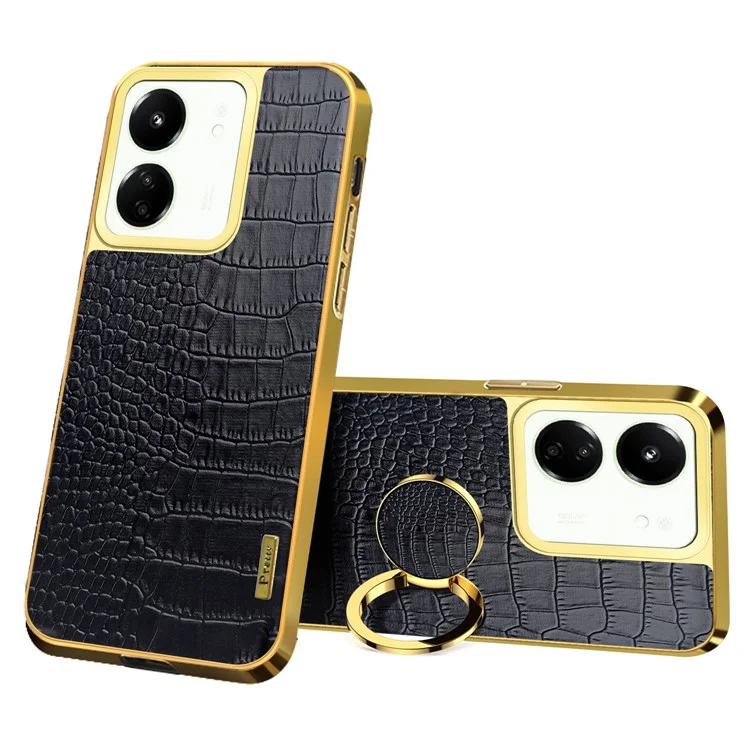 Para Xiaomi Redmi 13C 5G / Poco M6 5G Case Textura de Crocodilo Anel de Suporte Eletroquímico Capa de Telefone de Couro+TPU - Preto