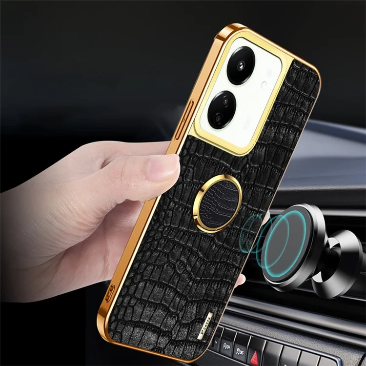 Para Xiaomi Redmi 13C 5G / Poco M6 5G Case Textura de Crocodilo Anel de Suporte Eletroquímico Capa de Telefone de Couro+TPU - Preto