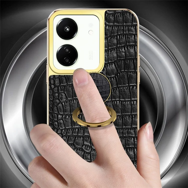 Para Xiaomi Redmi 13C 5G / Poco M6 5G Case Textura de Crocodilo Anel de Suporte Eletroquímico Capa de Telefone de Couro+TPU - Preto