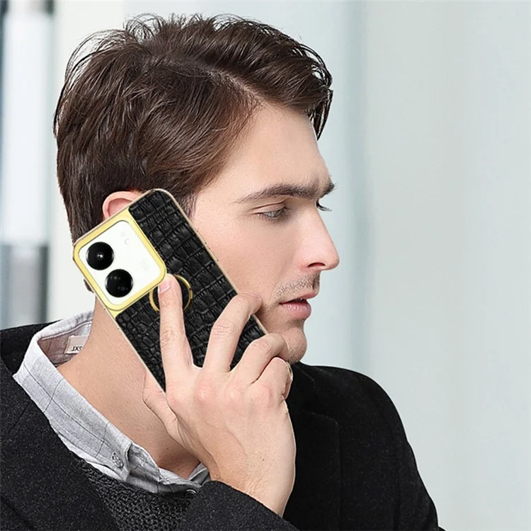 Para Xiaomi Redmi 13C 5G / Poco M6 5G Case Textura de Crocodilo Anel de Suporte Eletroquímico Capa de Telefone de Couro+TPU - Preto