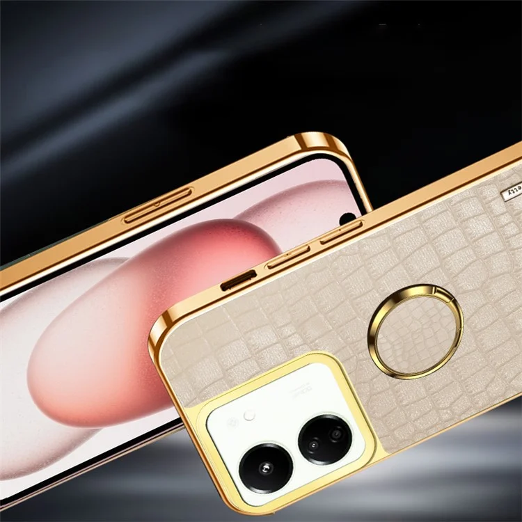 Para Xiaomi Redmi 13C 5G / Poco M6 5G Case Textura de Crocodilo Anel de Suporte Eletroquímico Capa de Telefone de Couro+TPU - Preto