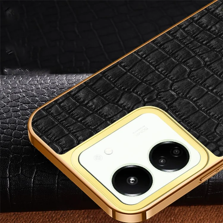 Para Xiaomi Redmi 13C 5G / Poco M6 5G Case Textura de Crocodilo Anel de Suporte Eletroquímico Capa de Telefone de Couro+TPU - Preto