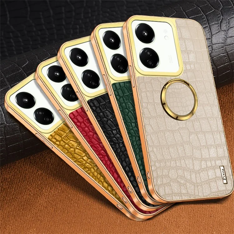 Para Xiaomi Redmi 13C 5G / Poco M6 5G Case Textura de Crocodilo Anel de Suporte Eletroquímico Capa de Telefone de Couro+TPU - Preto