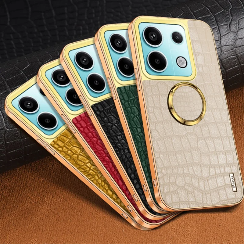 For Xiaomi Redmi Note 13 Pro 5G / Poco X6 5G Cell Phone Case Crocodile Texture Leather+TPU Cover with Ring Kickstand - White
