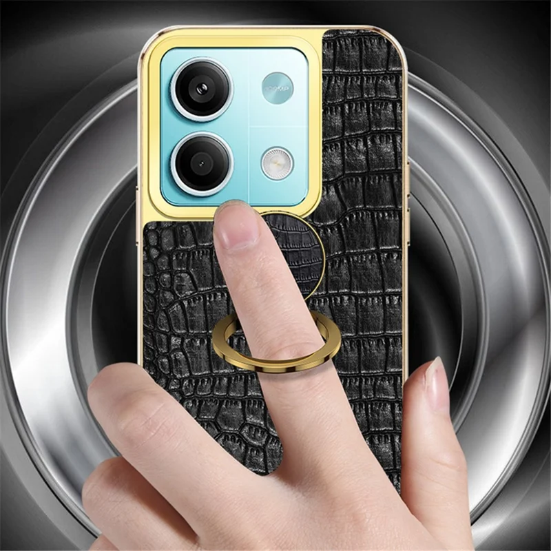 For Xiaomi Redmi Note 13 5G Cell Phone Case 6D Electroplating Ring Kickstand Leather+TPU Cover - Black