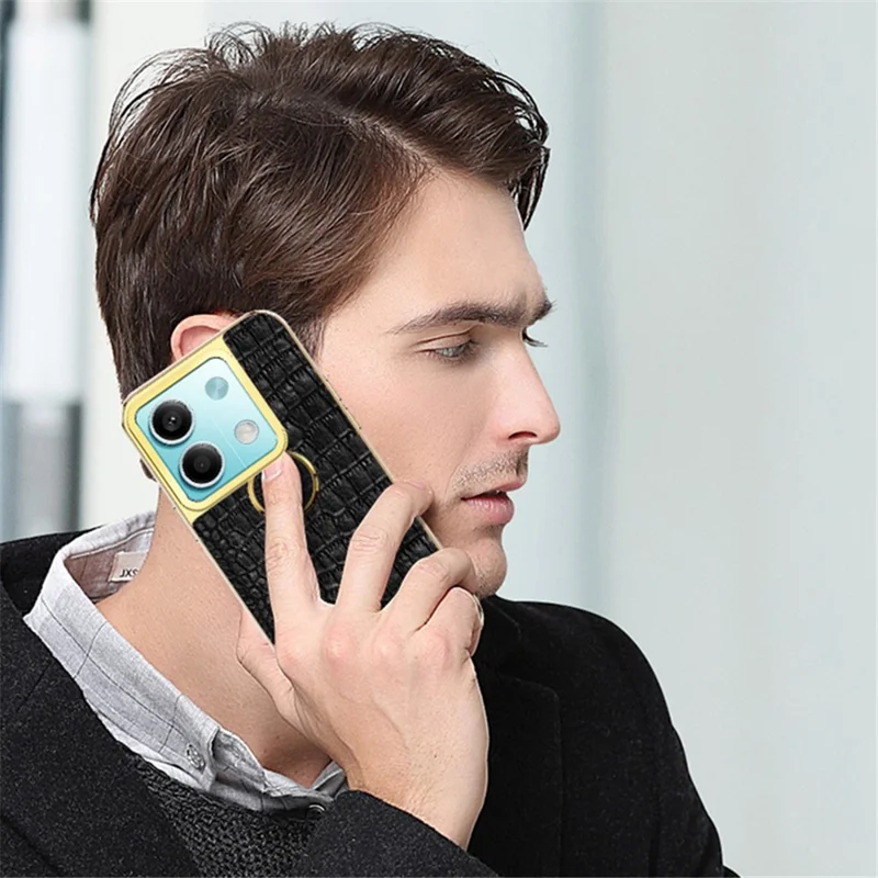 For Xiaomi Redmi Note 13 5G Cell Phone Case 6D Electroplating Ring Kickstand Leather+TPU Cover - Black