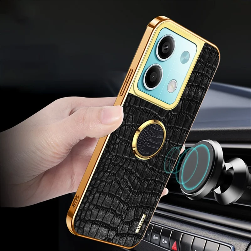 For Xiaomi Redmi Note 13 5G Cell Phone Case 6D Electroplating Ring Kickstand Leather+TPU Cover - Black