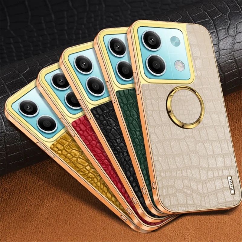 For Xiaomi Redmi Note 13 5G Cell Phone Case 6D Electroplating Ring Kickstand Leather+TPU Cover - Black