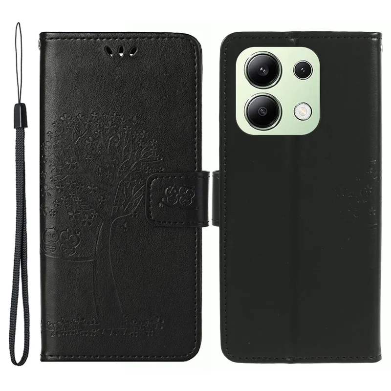 For Xiaomi Redmi Note 13 4G Cell Phone Case Owl Tree Imprinted PU Leather Stand Cover - Black