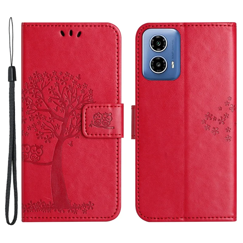 For Motorola Moto G45 5G / G34 5G Cell Phone Case Owl Tree Imprinted Anti-Fall Leather Stand Wallet Cover - Red
