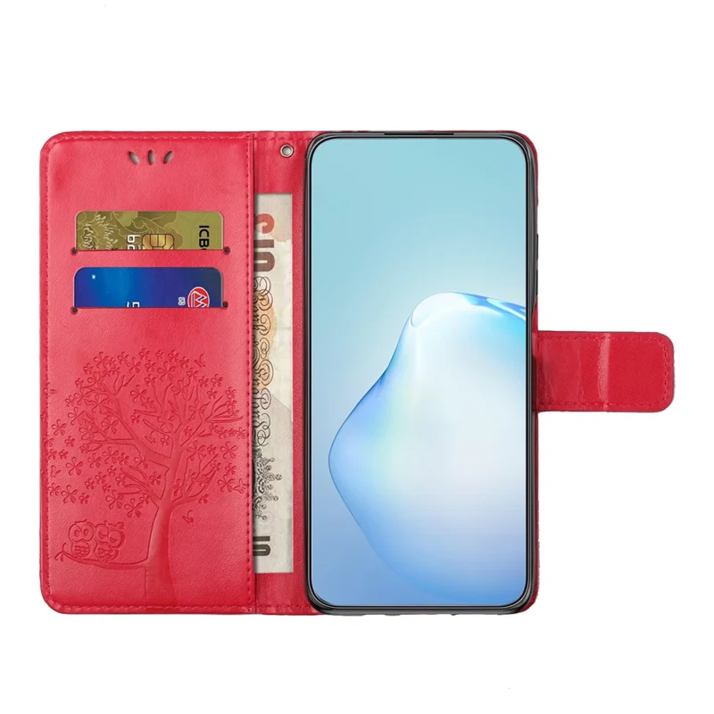 For Motorola Moto G45 5G / G34 5G Cell Phone Case Owl Tree Imprinted Anti-Fall Leather Stand Wallet Cover - Red