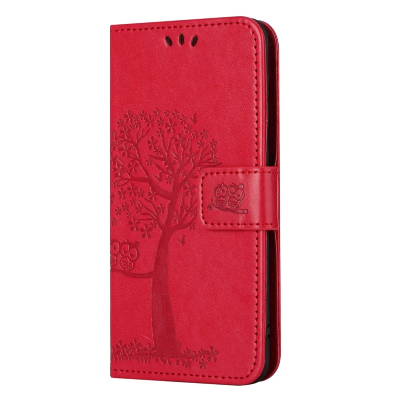 For Motorola Moto G45 5G / G34 5G Cell Phone Case Owl Tree Imprinted Anti-Fall Leather Stand Wallet Cover - Red