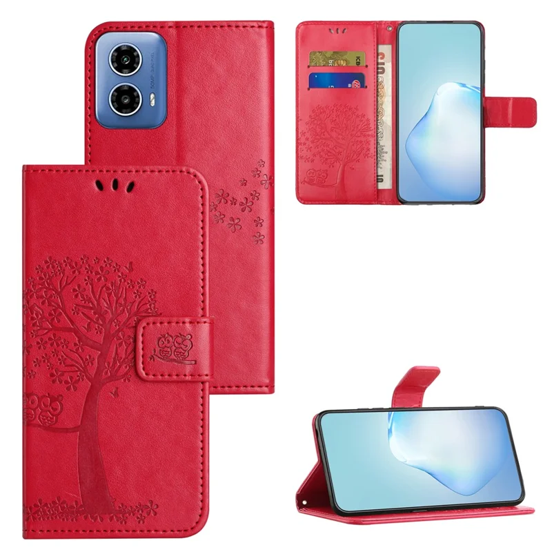 For Motorola Moto G45 5G / G34 5G Cell Phone Case Owl Tree Imprinted Anti-Fall Leather Stand Wallet Cover - Red