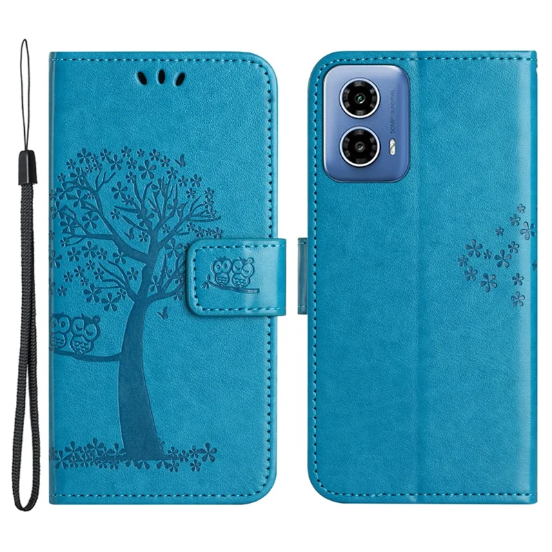 For Motorola Moto G45 5G / G34 5G Cell Phone Case Owl Tree Imprinted Anti-Fall Leather Stand Wallet Cover - Blue