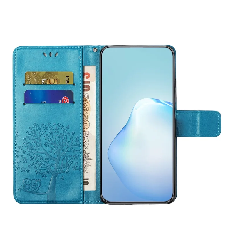 For Motorola Moto G45 5G / G34 5G Cell Phone Case Owl Tree Imprinted Anti-Fall Leather Stand Wallet Cover - Blue