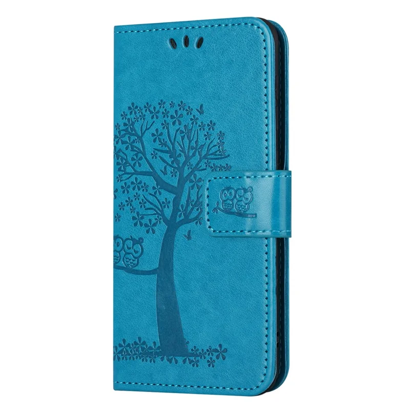 For Motorola Moto G45 5G / G34 5G Cell Phone Case Owl Tree Imprinted Anti-Fall Leather Stand Wallet Cover - Blue