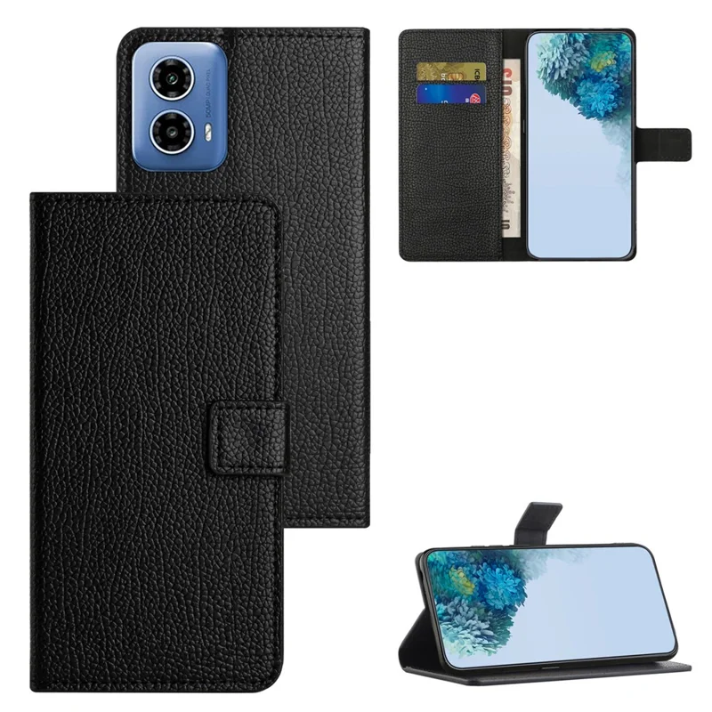 For Motorola Moto G34 5G Cell Phone Case Litchi Texture Full Protection PU Leather Wallet Cover - Black