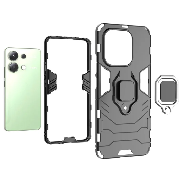 Für Xiaomi Redmi Note 13 4G Hülle PC+TPU Anti-Drop Handyhülle mit Ringhalter Ständer - Schwarz