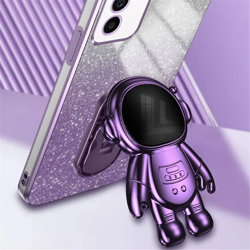 For Samsung Galaxy A14 5G / 4G Cell Phone Case Astronaut Kickstand Glitter PC+TPU Cover - Purple
