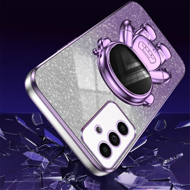 For Samsung Galaxy A14 5G / 4G Cell Phone Case Astronaut Kickstand Glitter PC+TPU Cover - Purple