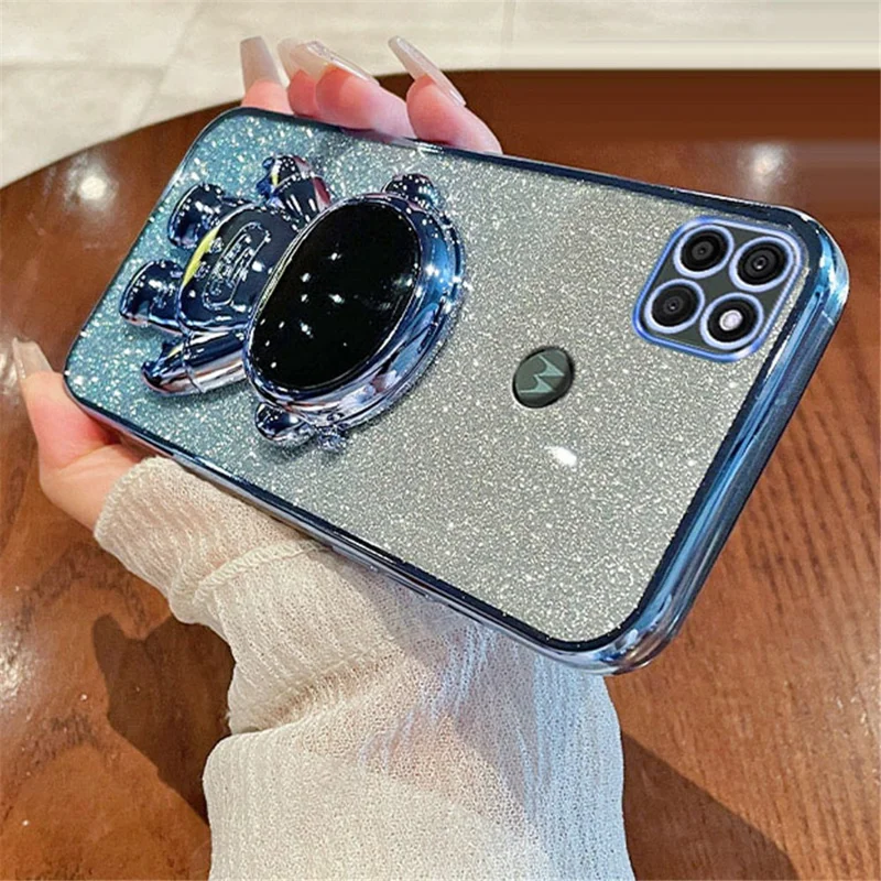 For Motorola Moto G9 Power Case Electroplating PC+TPU Astronaut Kickstand Phone Cover - Blue