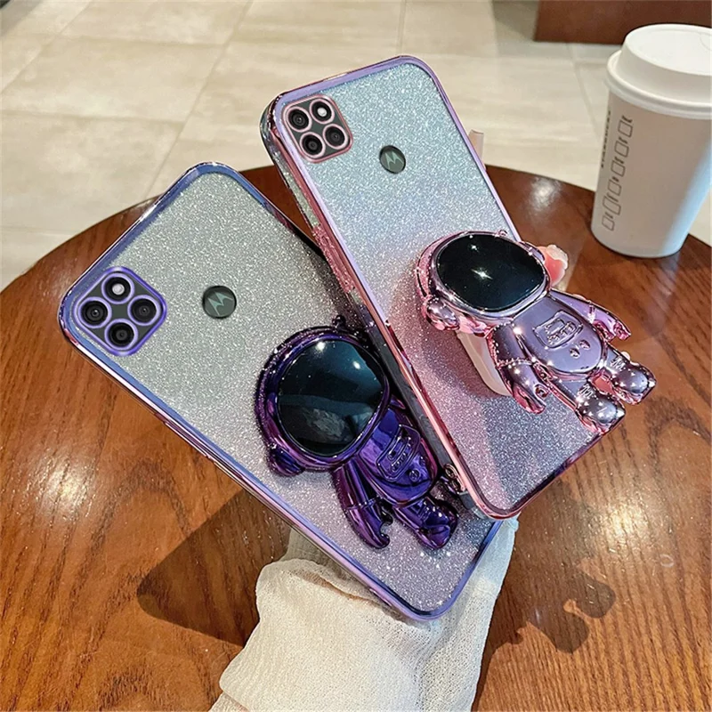 For Motorola Moto G9 Power Case Electroplating PC+TPU Astronaut Kickstand Phone Cover - Blue