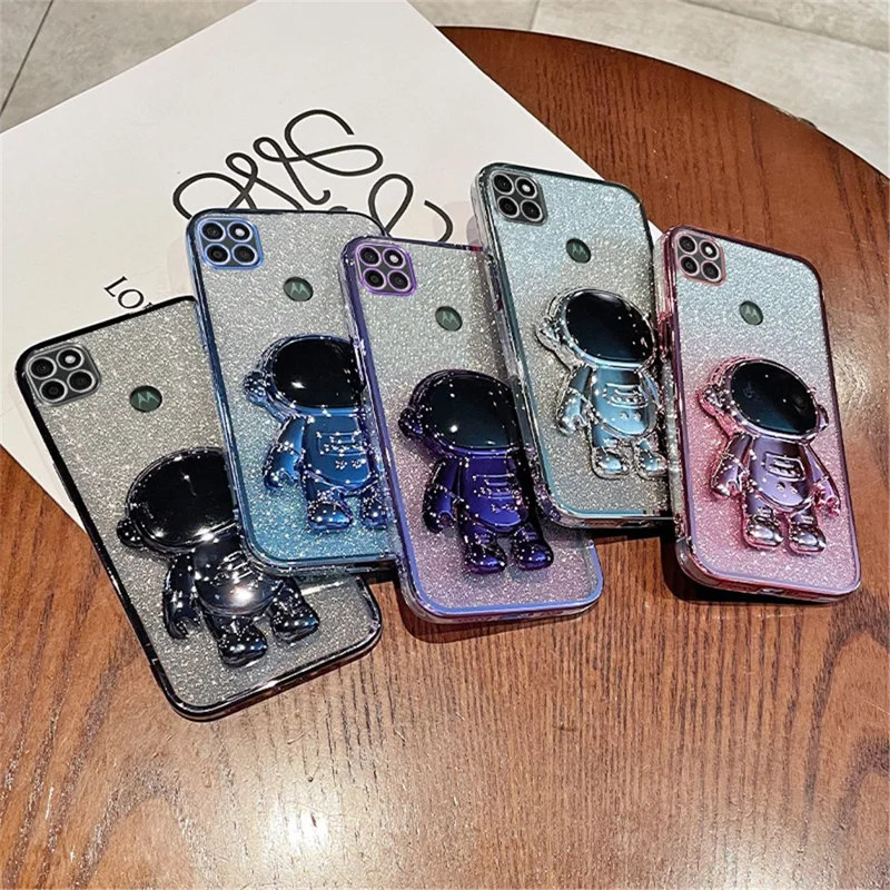 For Motorola Moto G9 Power Case Electroplating PC+TPU Astronaut Kickstand Phone Cover - Blue