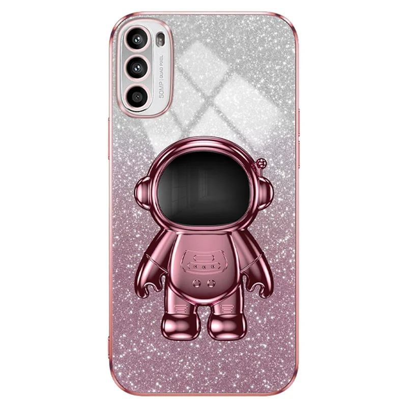 For Motorola Moto G62 5G Cellphone Case PC+TPU Astronaut Kickstand Electroplated Back Cover - Pink