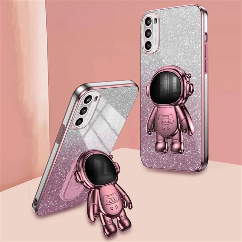 For Motorola Moto G62 5G Cellphone Case PC+TPU Astronaut Kickstand Electroplated Back Cover - Pink