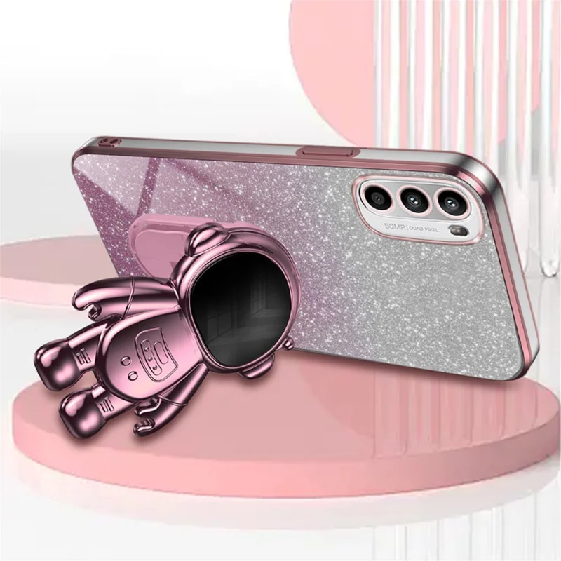 For Motorola Moto G62 5G Cellphone Case PC+TPU Astronaut Kickstand Electroplated Back Cover - Pink