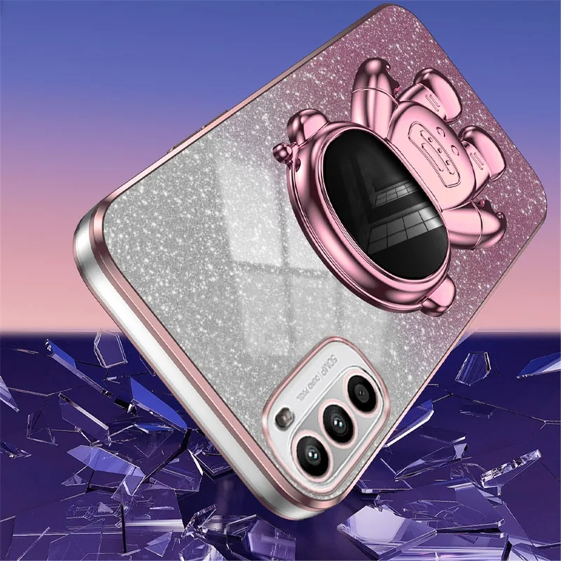 For Motorola Moto G62 5G Cellphone Case PC+TPU Astronaut Kickstand Electroplated Back Cover - Pink