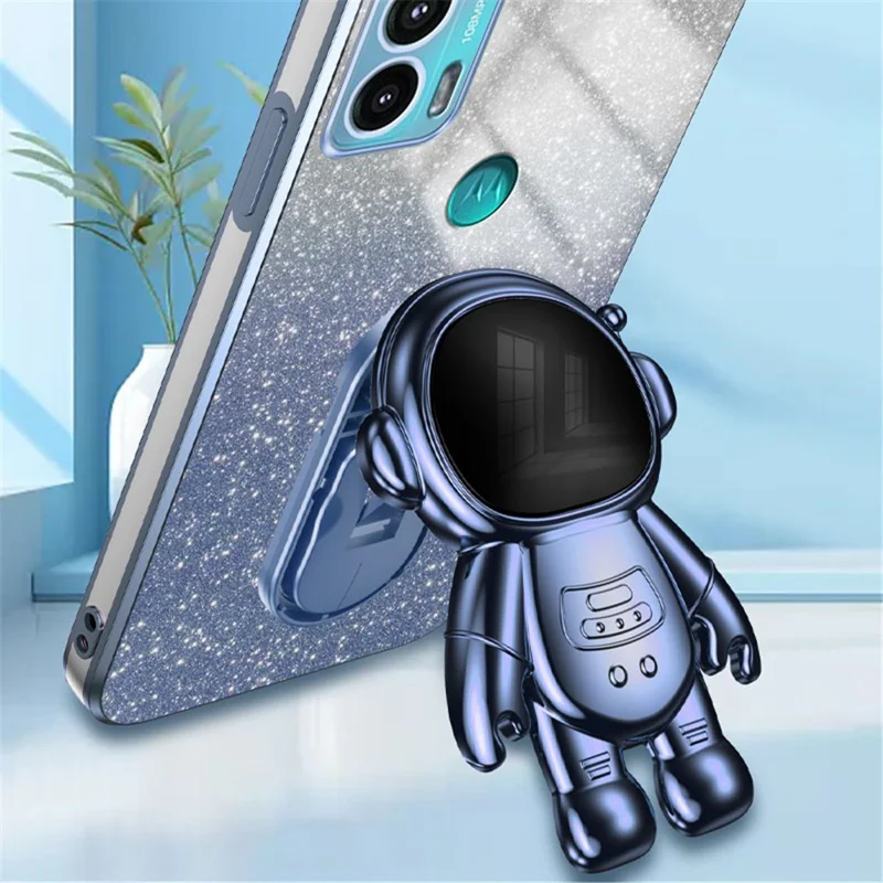 Obudowa na Motorola Edge 20 z motywem astronauty z podpórką, odporna na upadki, z powłoką metaliczną - Niebieska