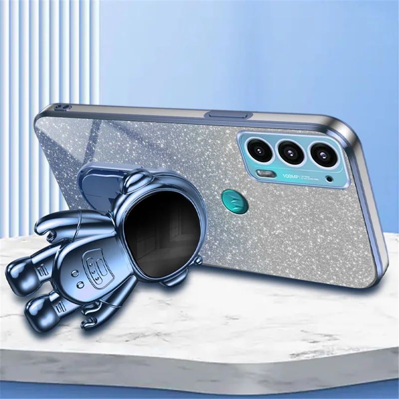 Obudowa na Motorola Edge 20 z motywem astronauty z podpórką, odporna na upadki, z powłoką metaliczną - Niebieska