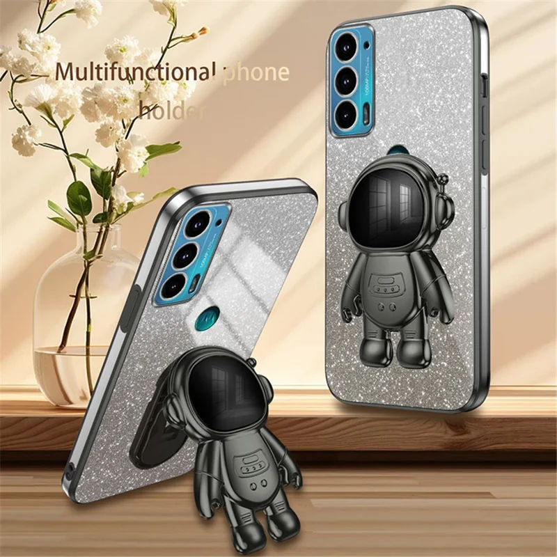 For Motorola Edge 20 Case Astronaut Kickstand Mobile Phone Drop-proof Electroplating Cover - Black
