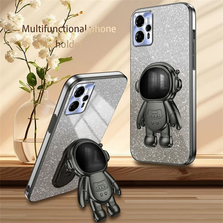 Для Motorola Moto G13 4G Glitter Powder Cell Phone Case PC+TPU Cover with Astronaut Kickstand - Black