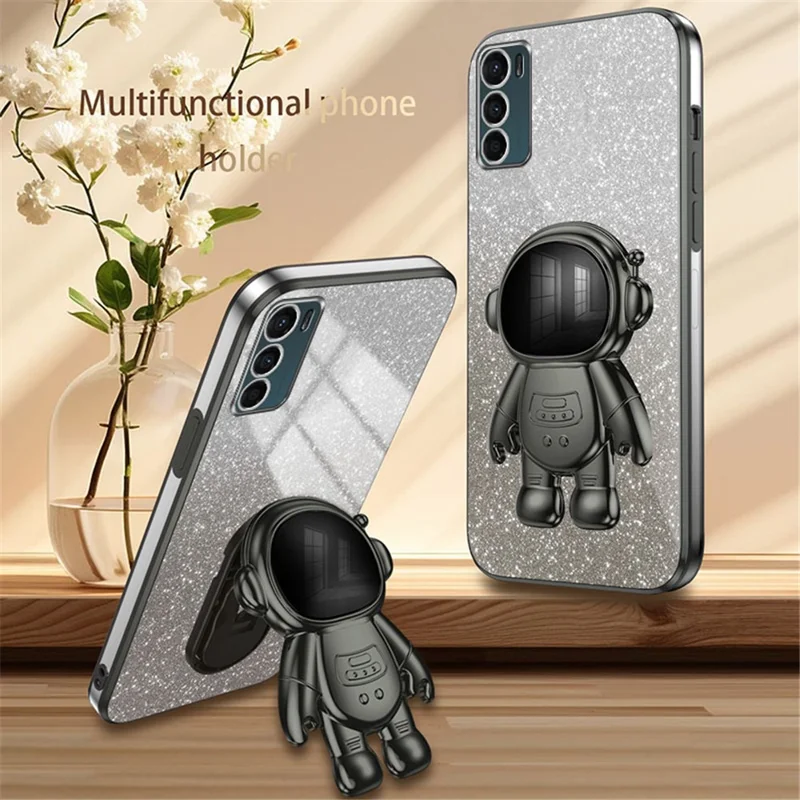 For Motorola Moto G42 4G Electroplating Case Astronaut Kickstand PC+TPU Cover - Black