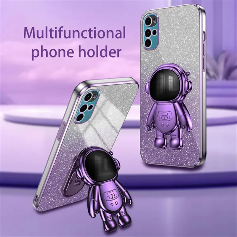 For Motorola Moto G22 Case Electroplating Astronaut Kickstand Phone Cover - Purple